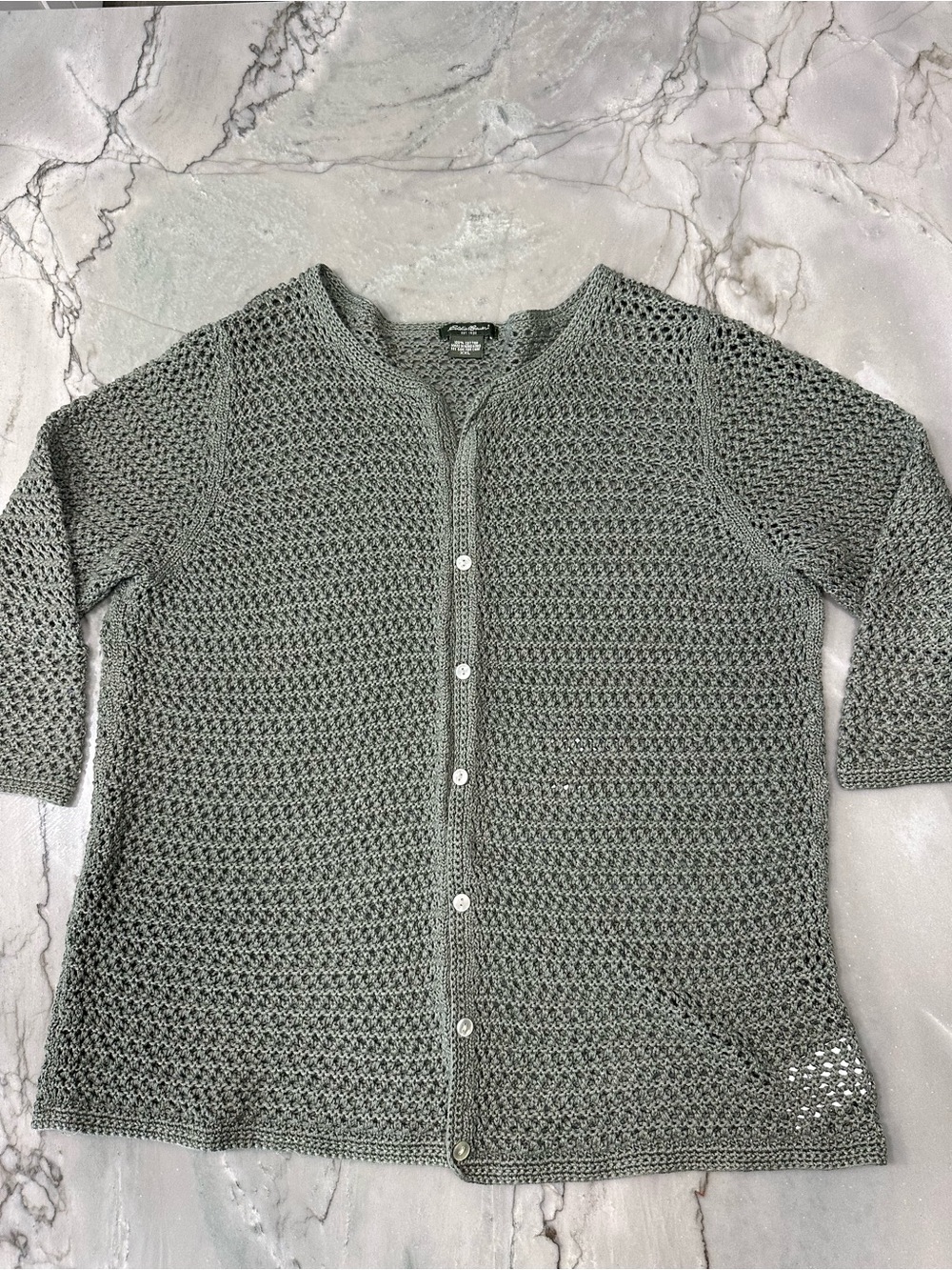Eddie Bauer Sage Green Crochet Button-Front 3/4 Cardigan